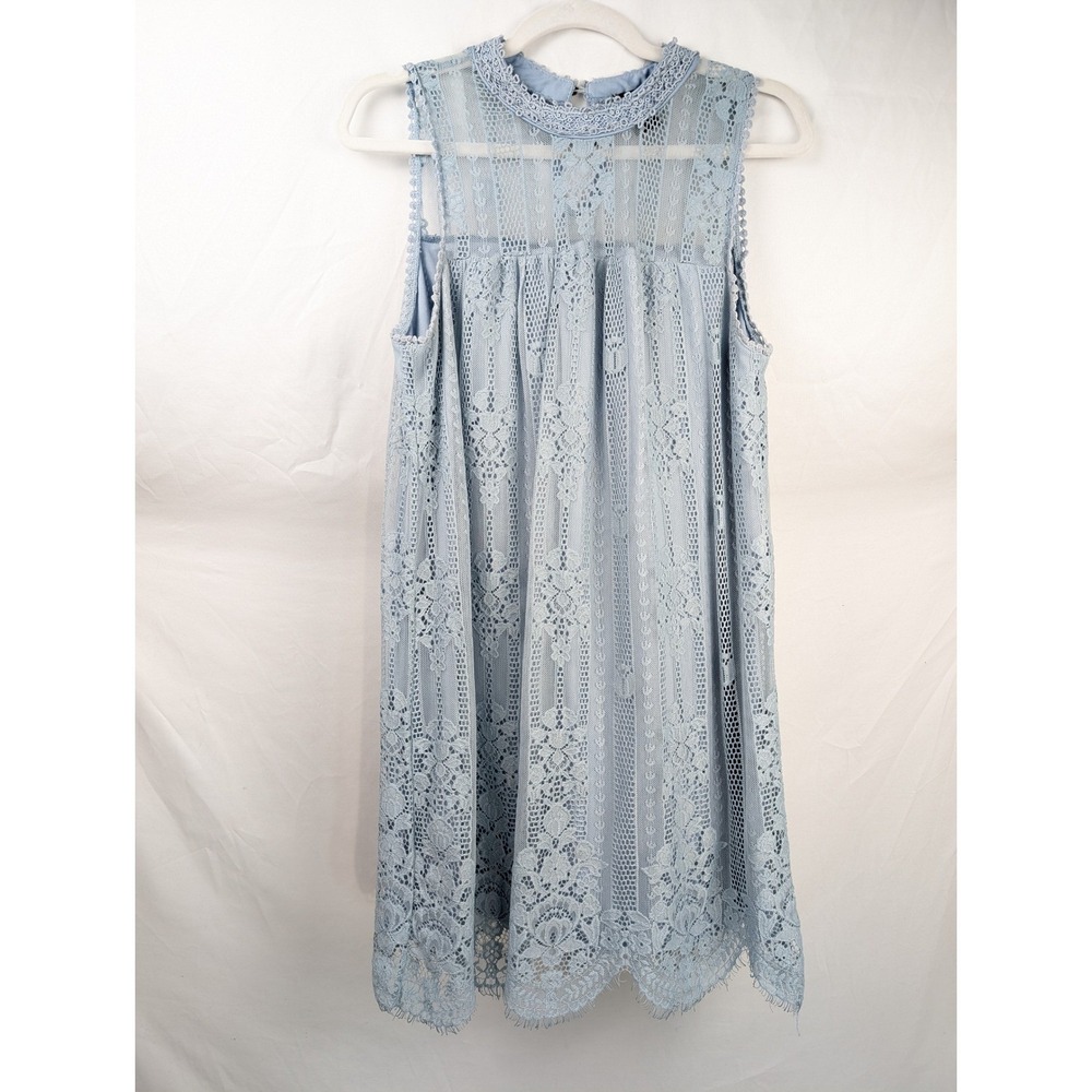 Floral Lace Victorian Shift Dress M Light Blue High Neck Regency Fairy Prairie - Picture 2 of 10